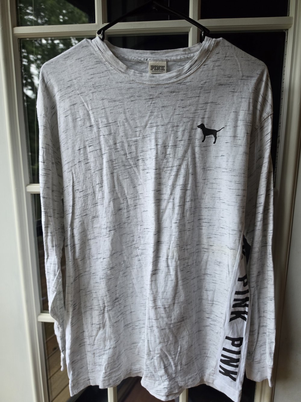 PINK Victoria's Secret White Heather Long Sleeve Shirt with Black Logo
